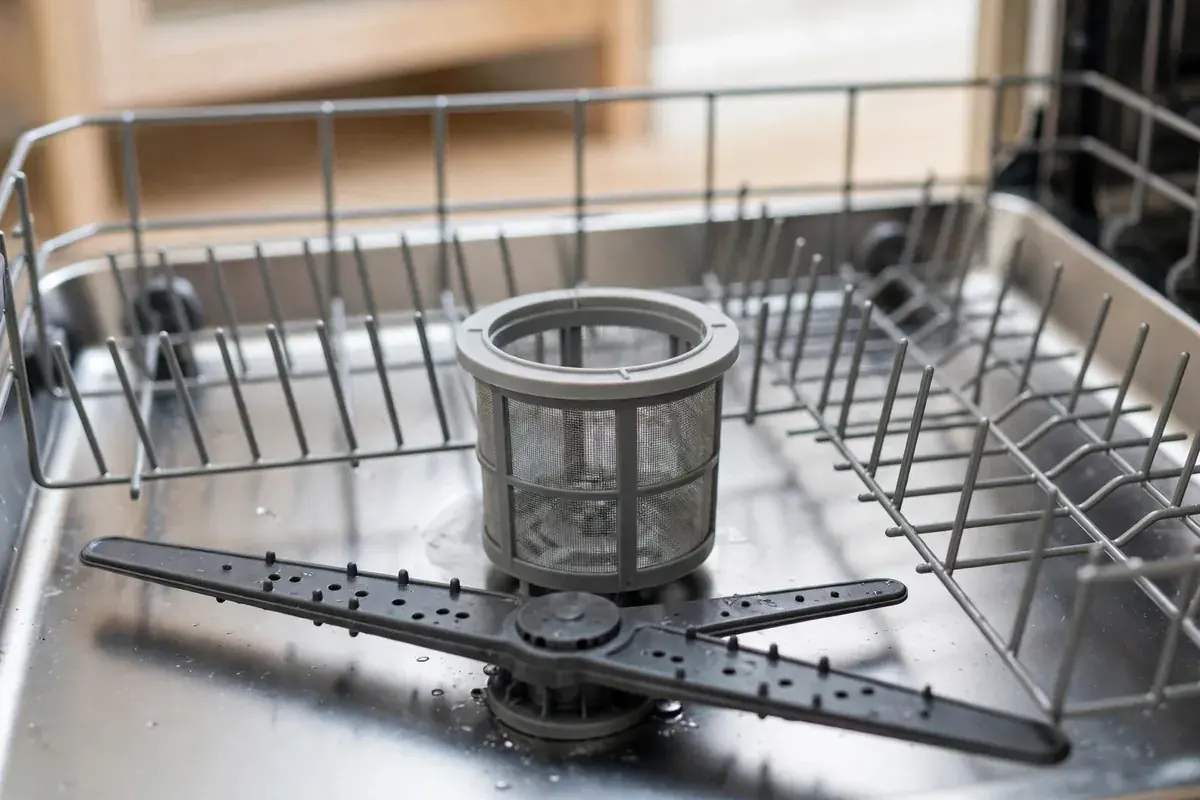 Lower dishwasher rack with the removable filter and spray arm in view