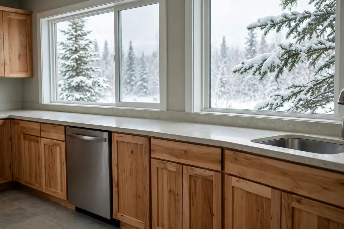 Built-in dishwasher between wooden cabinets in a bright winter kitchen