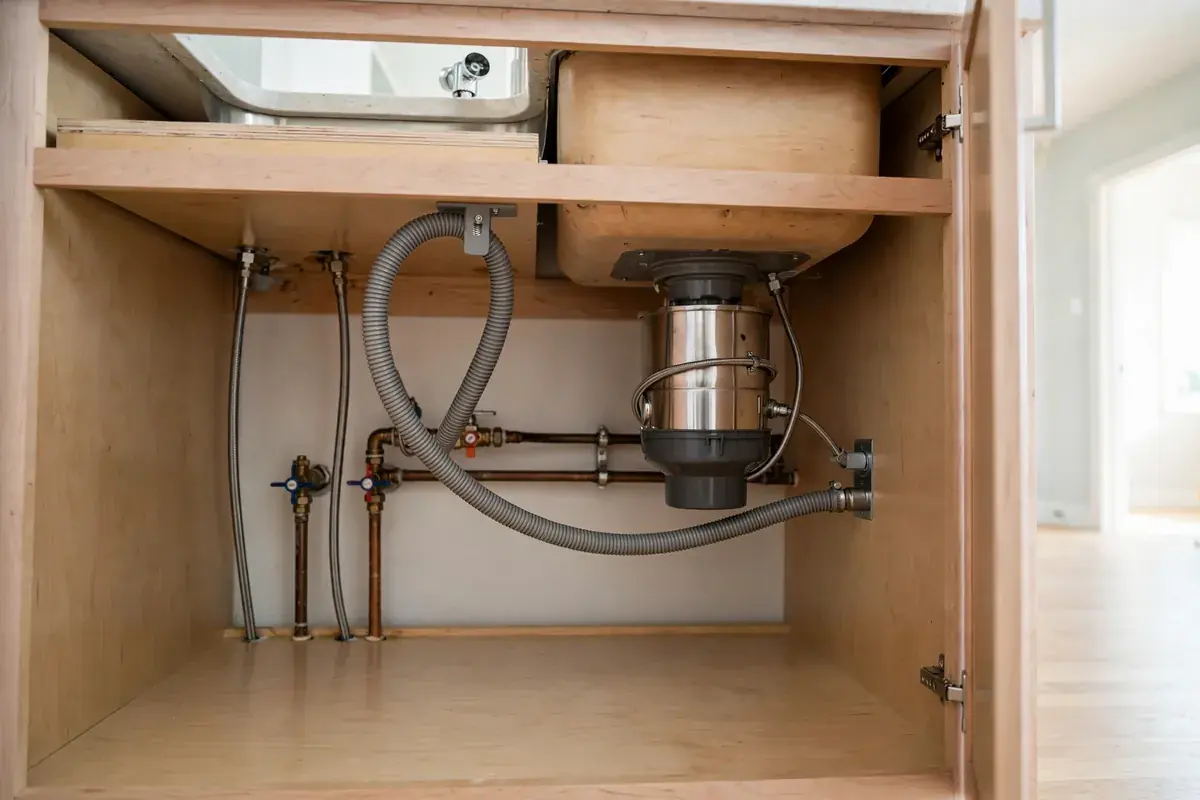 Dishwasher drain hose looped under the counter beneath a kitchen sink