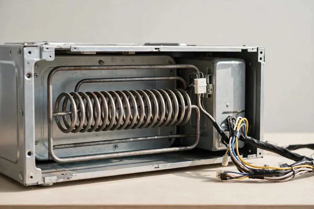 Dryer rear panel removed showing the heating element and thermal fuse