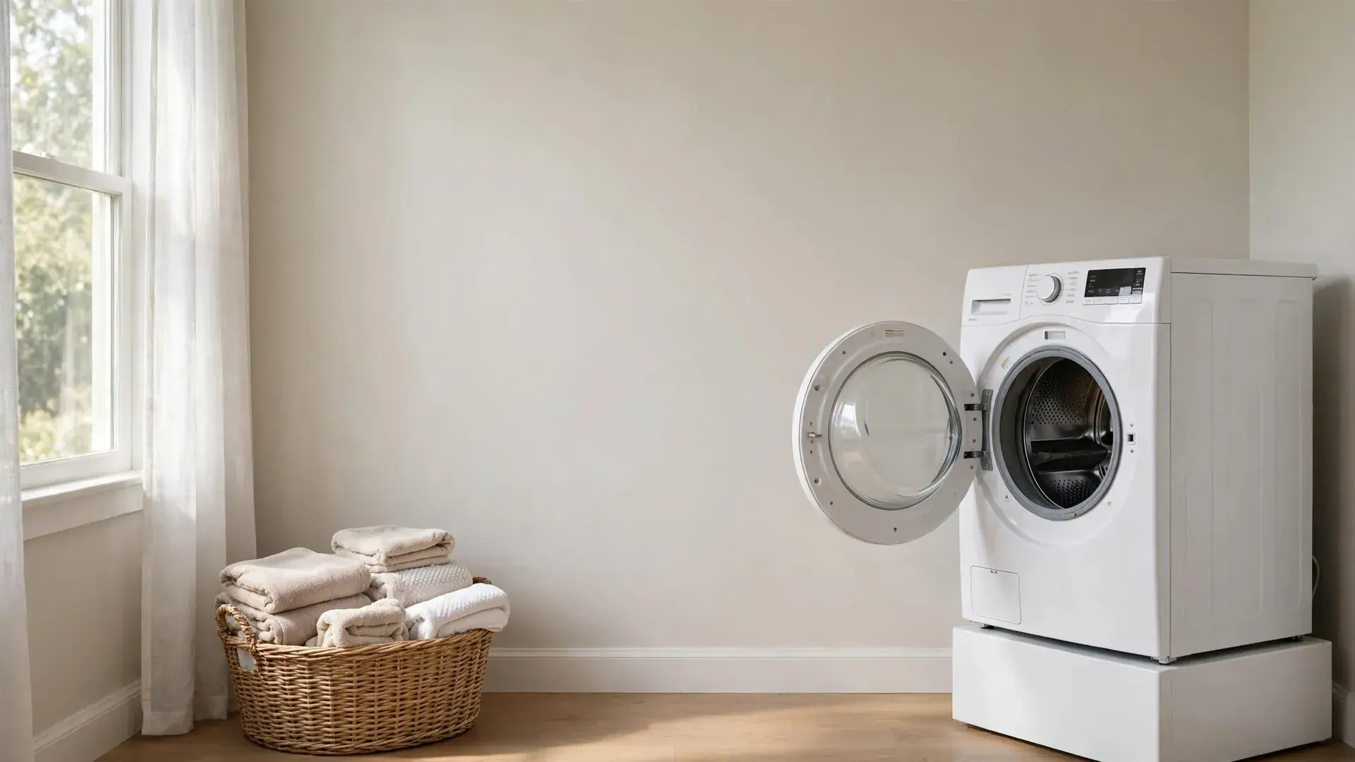 White front load dryer with its door open in a bright home laundry room with a towel basket nearby