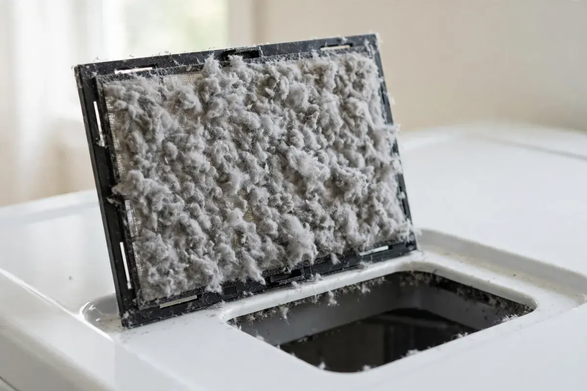 Dryer lint screen covered in a thick mat of gray lint