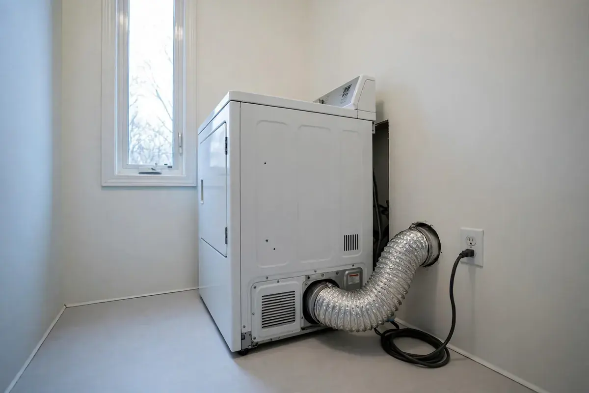 Back of a dryer pulled from the wall showing the exhaust duct connection