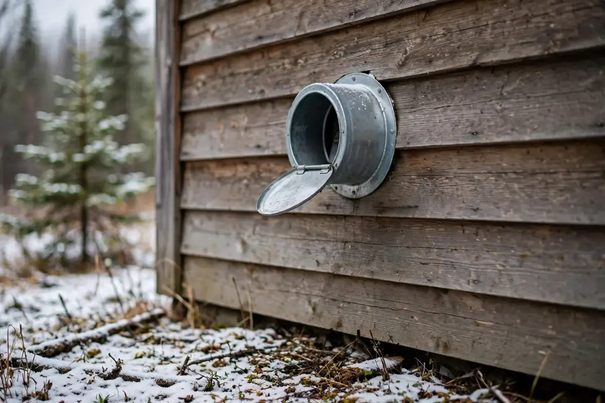 Outside dryer vent hood on a wood-sided house wall in winter