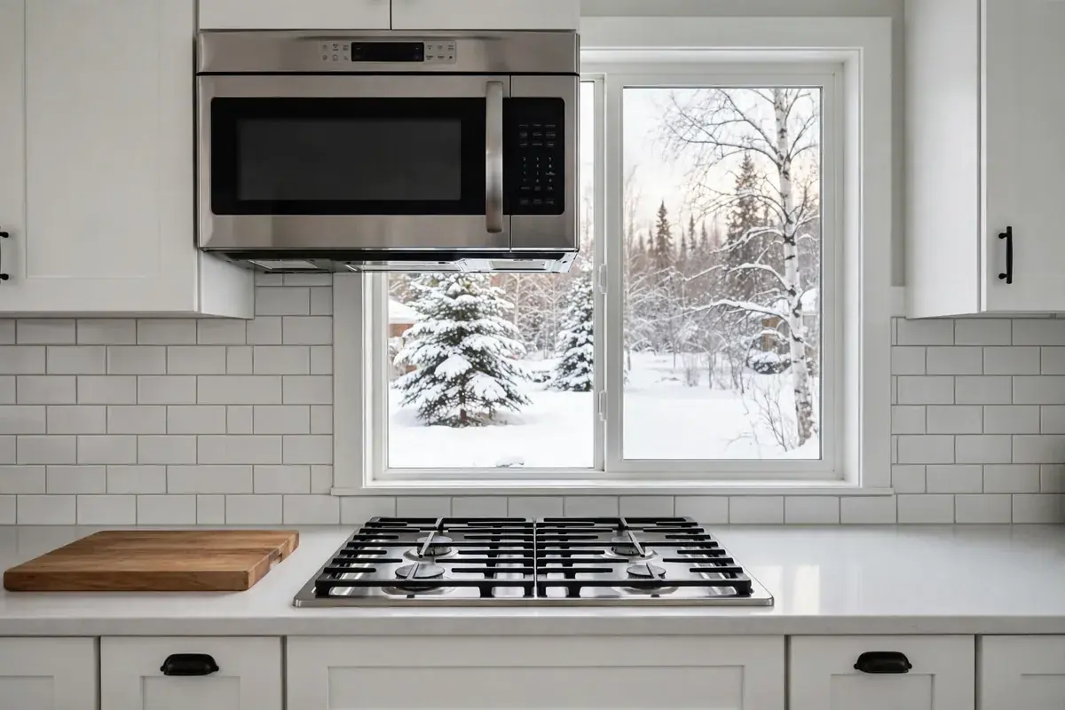 Over-the-range microwave above a cooktop in a bright kitchen