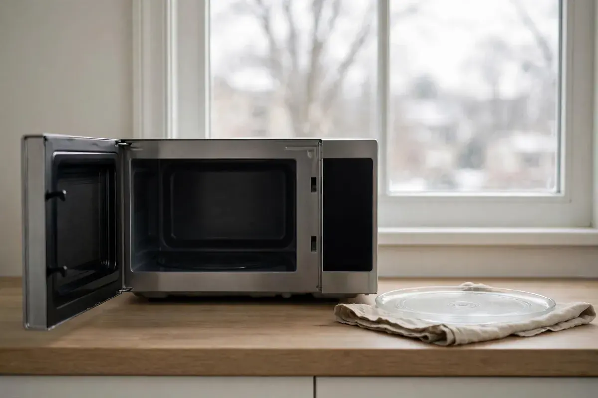 Countertop microwave with the glass plate removed and set on a towel