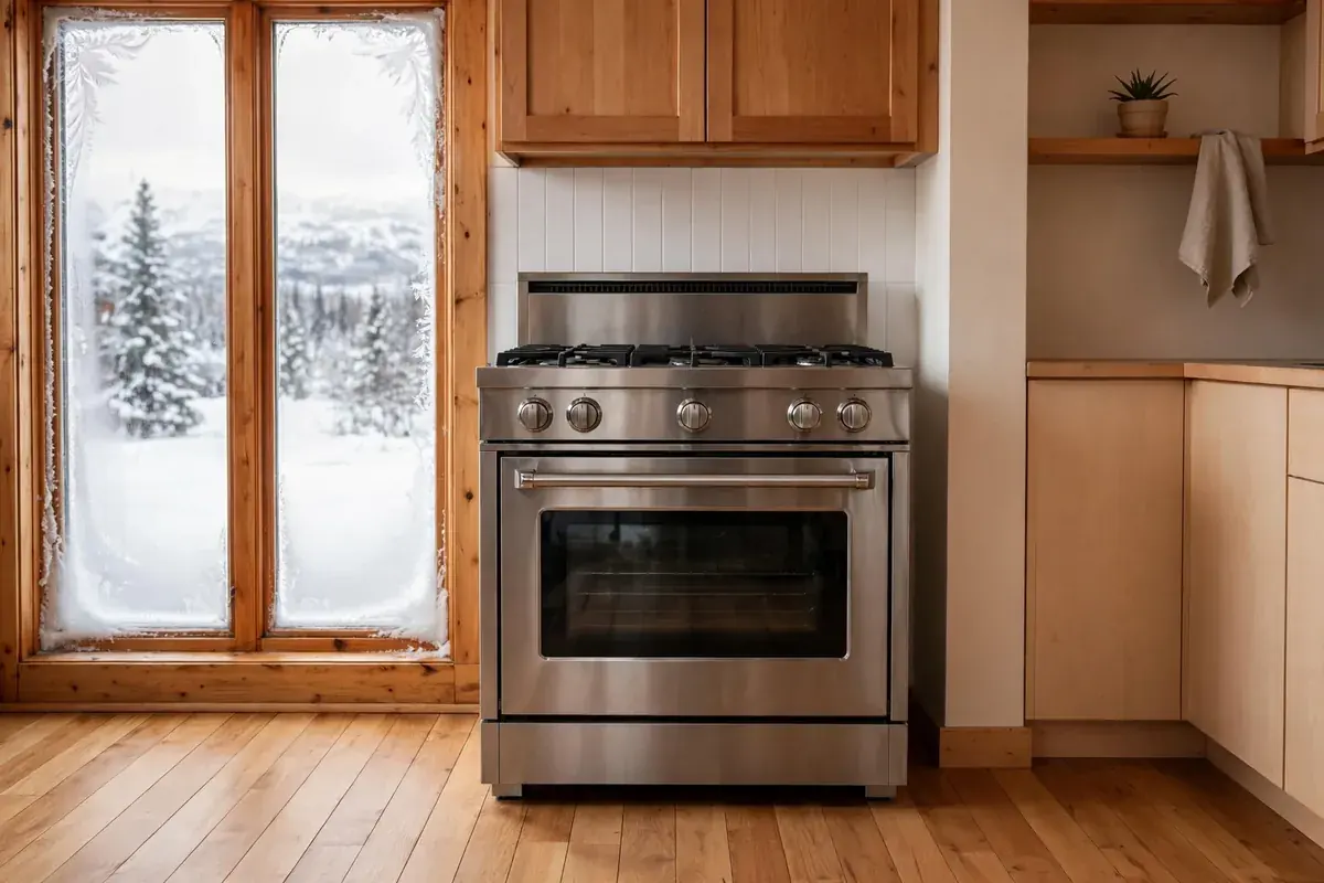 Freestanding range in a warm kitchen with a frosted window
