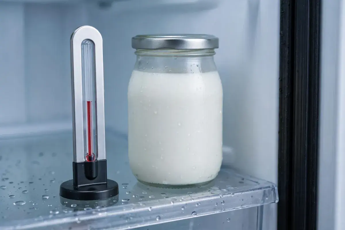 Appliance thermometer and a milk jar on a refrigerator shelf