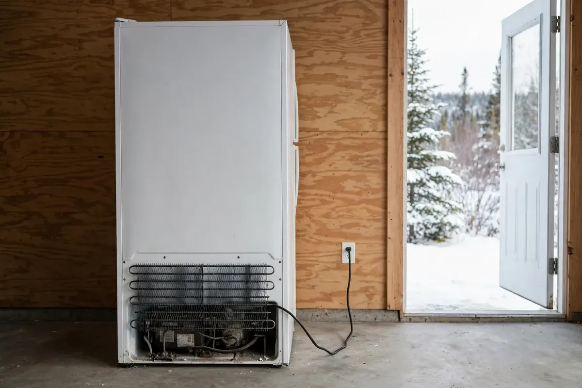 Refrigerator pulled from the wall showing coils and the power cord