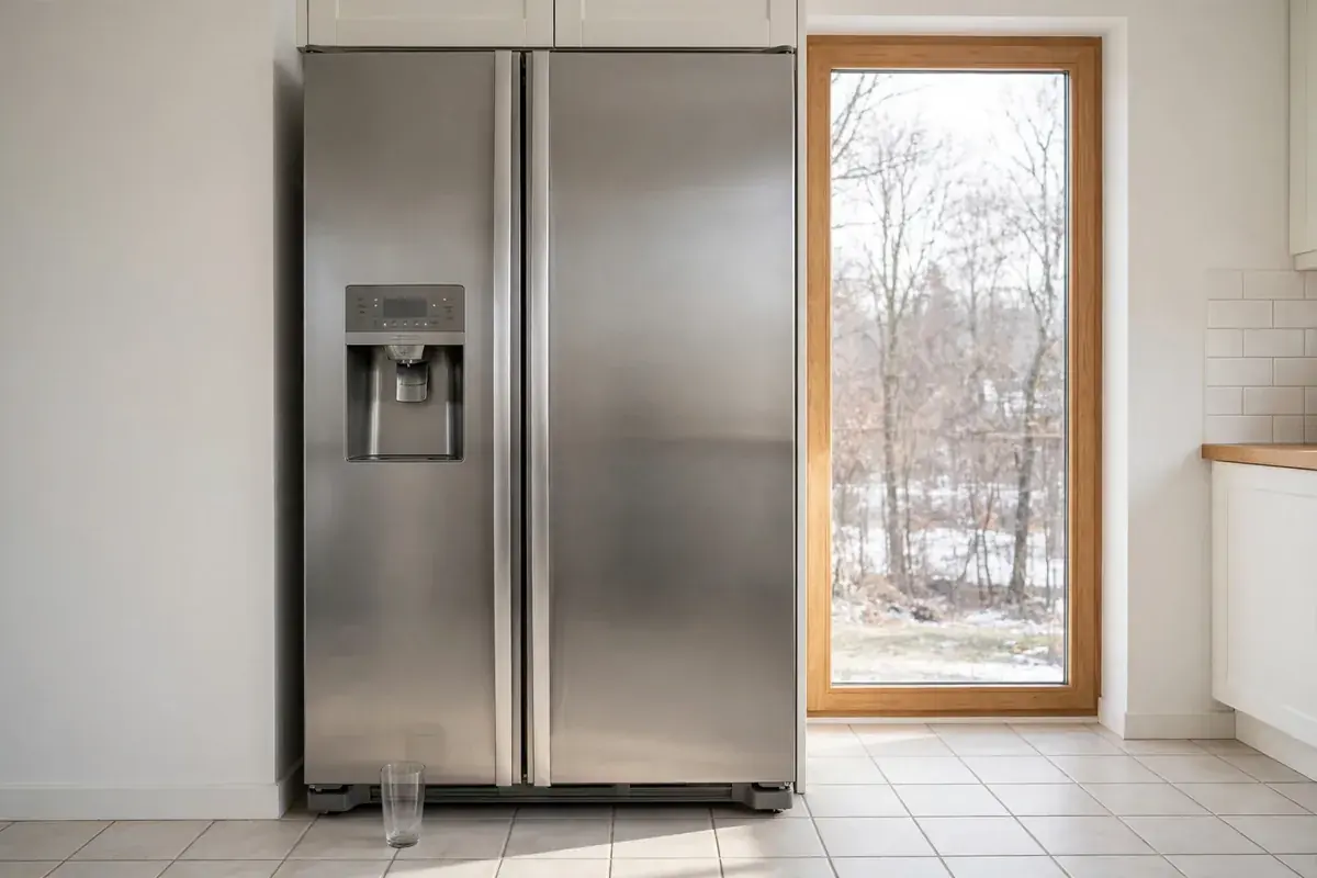 Side-by-side refrigerator with a water dispenser and an empty glass