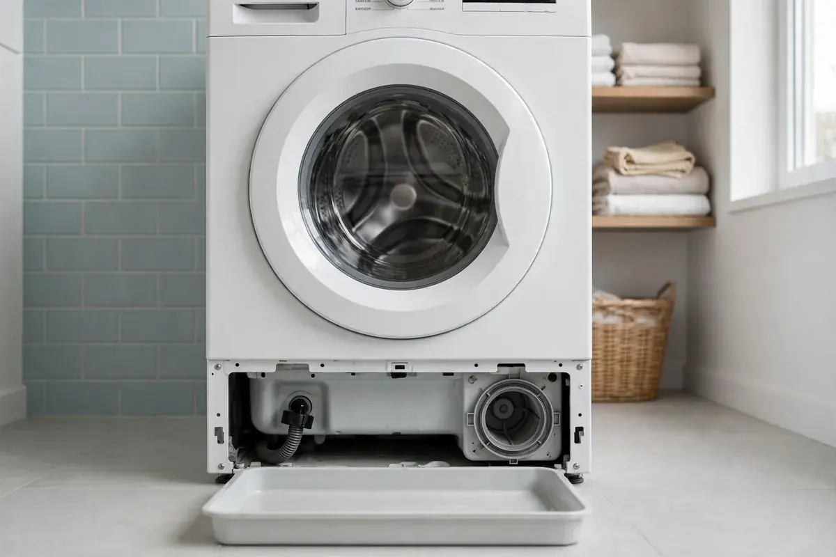 Front load washer with the lower panel off, showing the drain filter housing