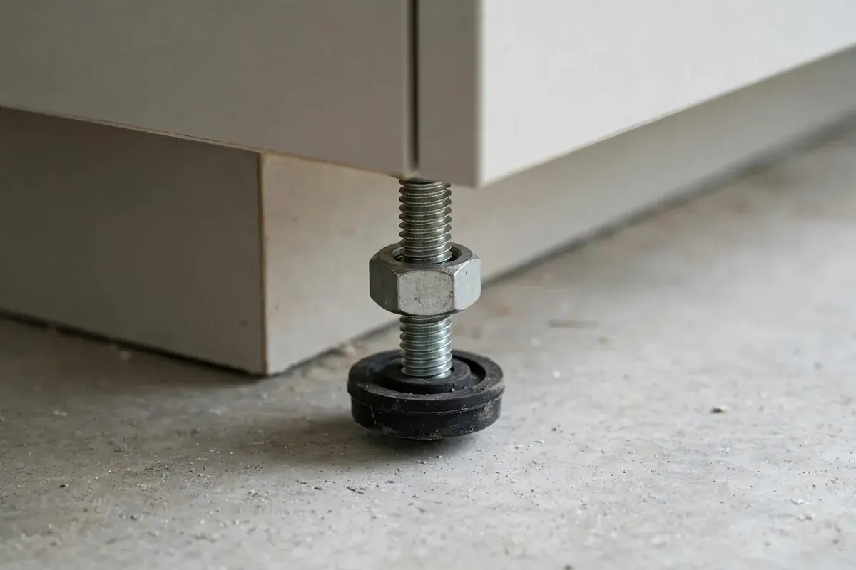 Adjustable washer leveling foot with a jam nut on a concrete floor