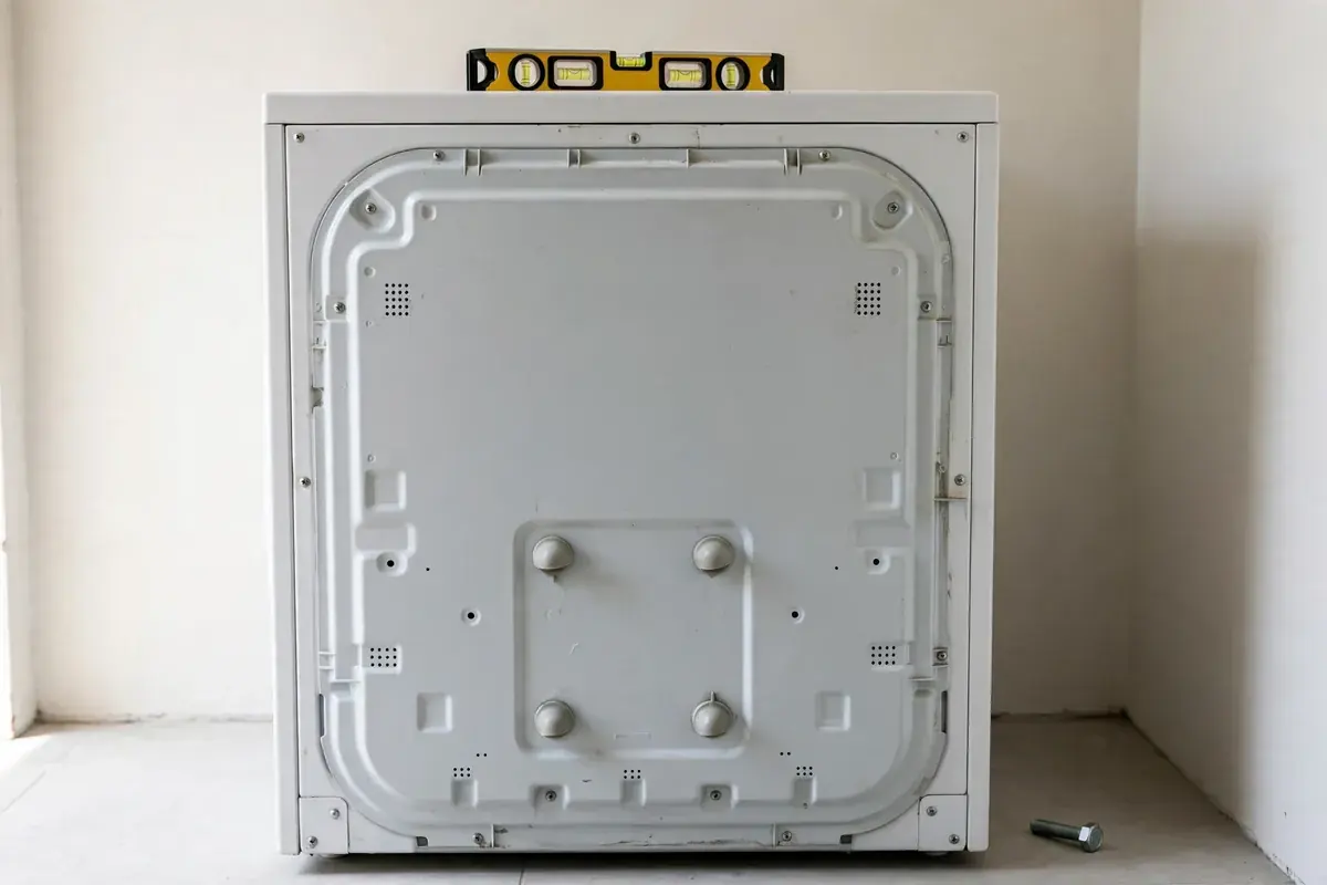 Rear of a washer with shipping bolt holes and a bolt on the floor